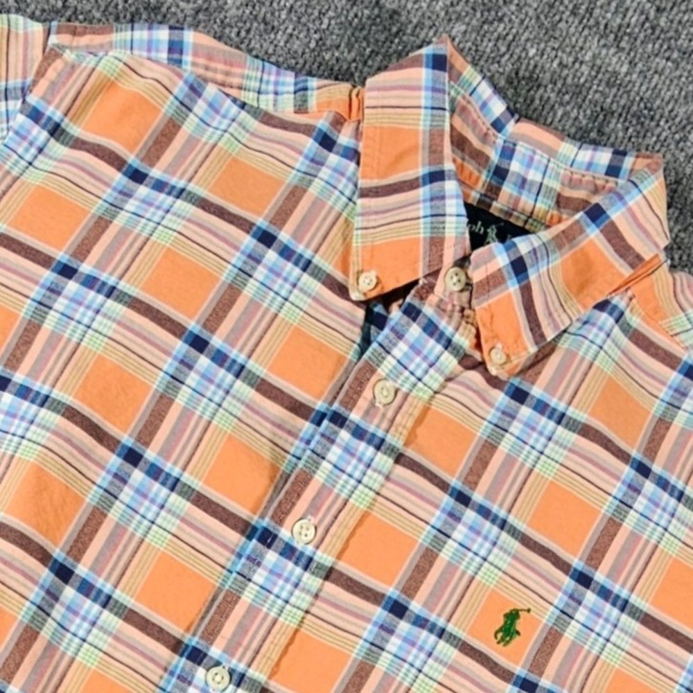 Ralph Lauren Classic Fit Short Sleeve Plaid Shirt Men's Large Orange Blue Madras